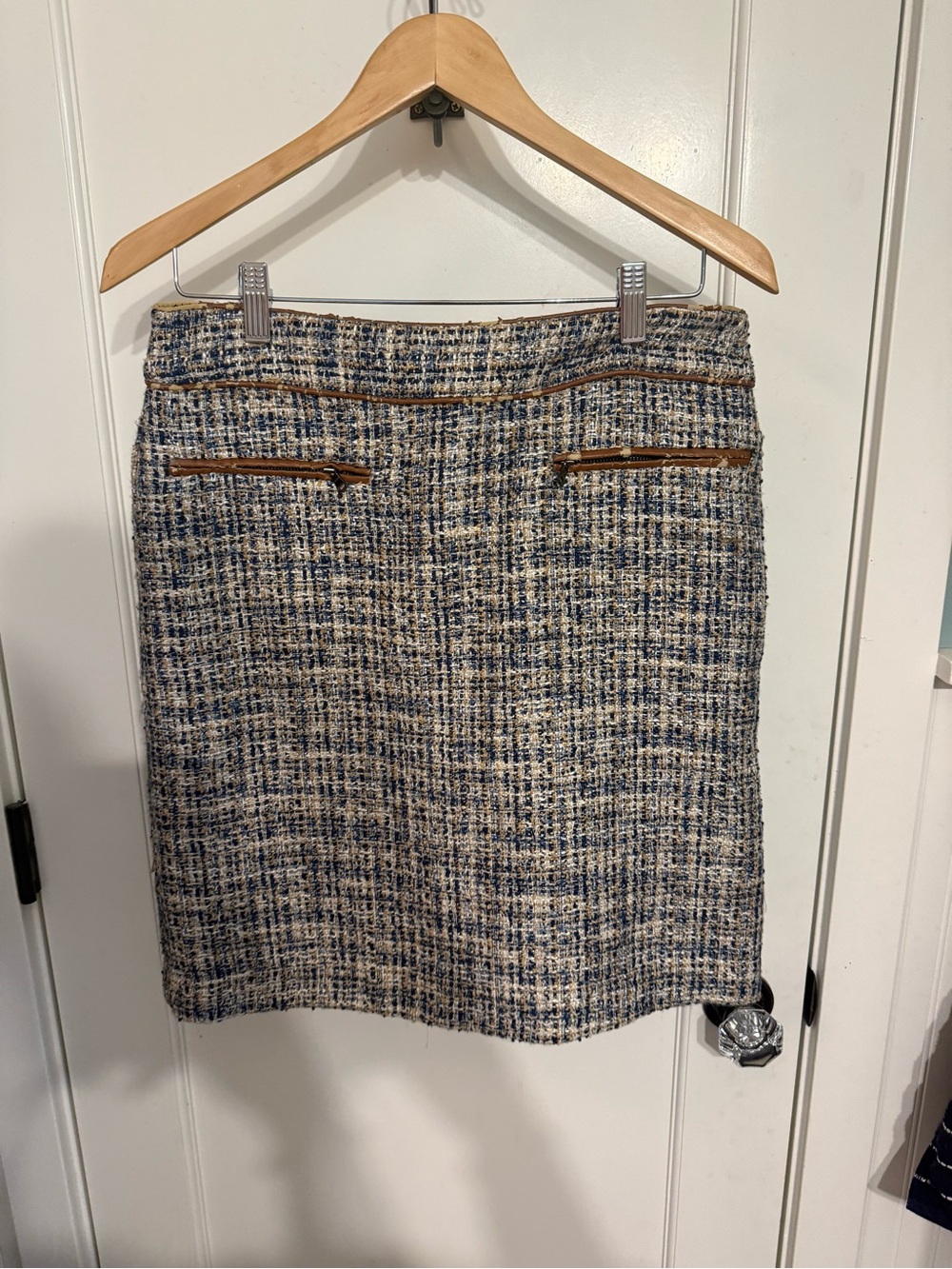 Ann Taylor Navy and Cream Tweed Pencil Skirt with Brown Trim